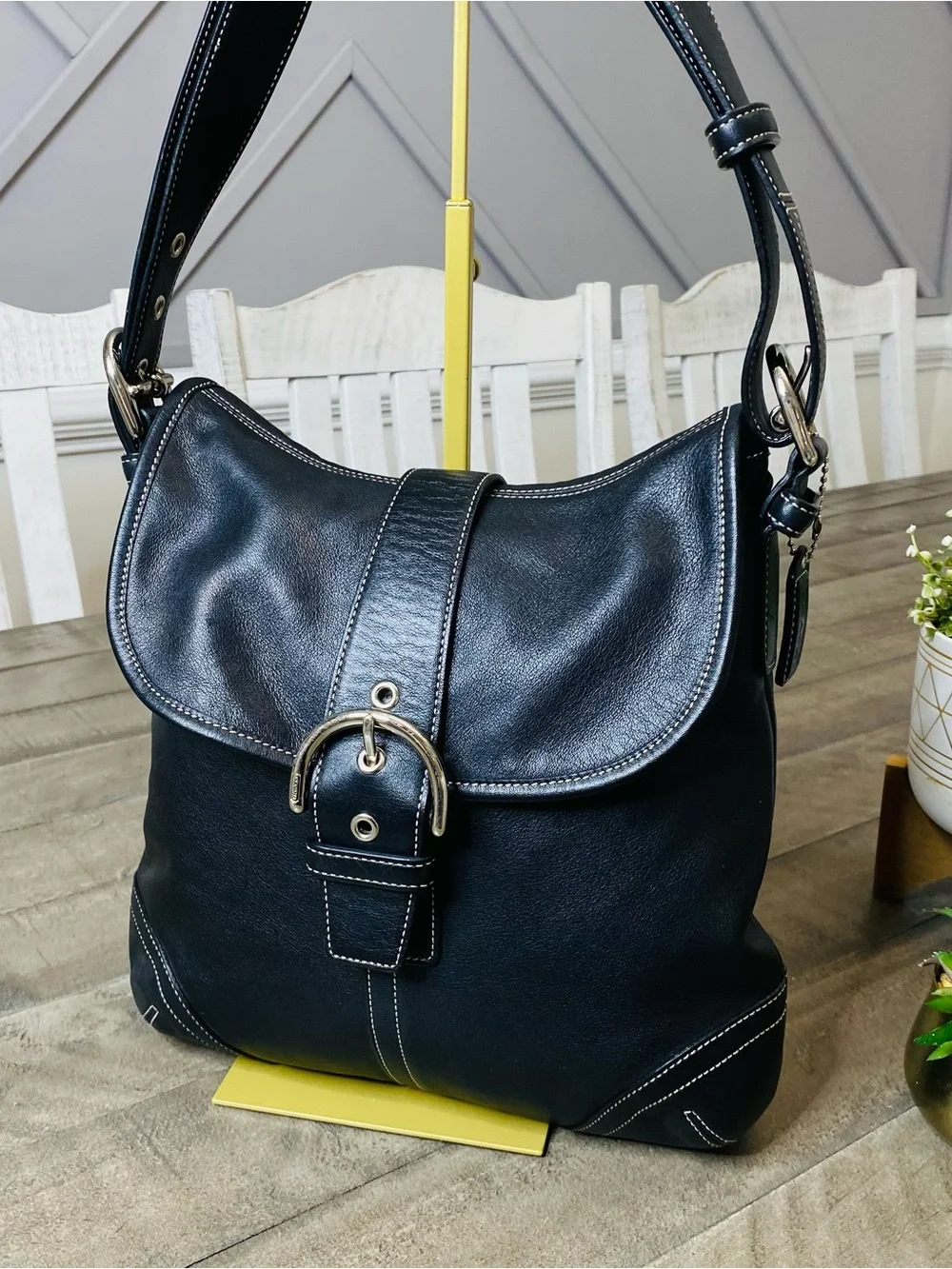 Vintage Coach Y2K Soho Black Leather Buckle Flap Shoulder Hobo Bag